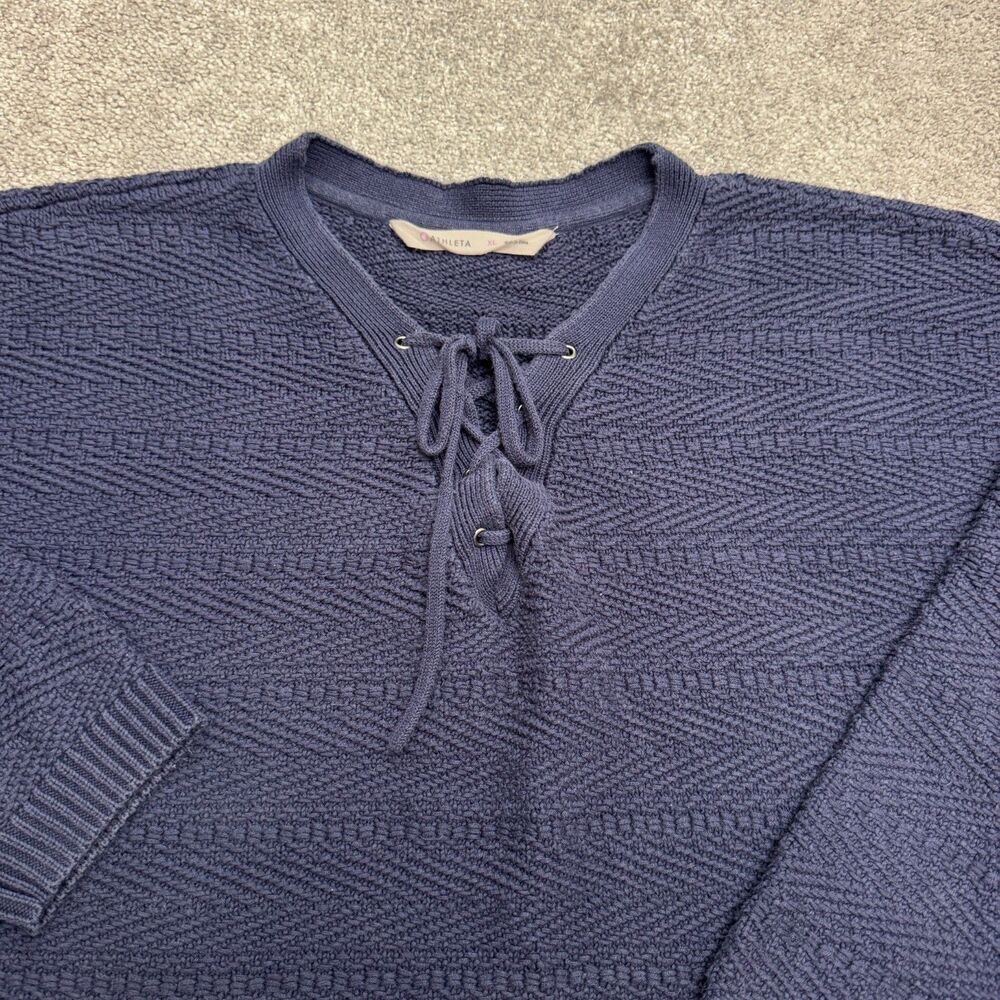 Athleta Sunset Lace Up Pullover Textured Knit Sweater Women XL Navy Blue Chevron - Picture 3 of 12